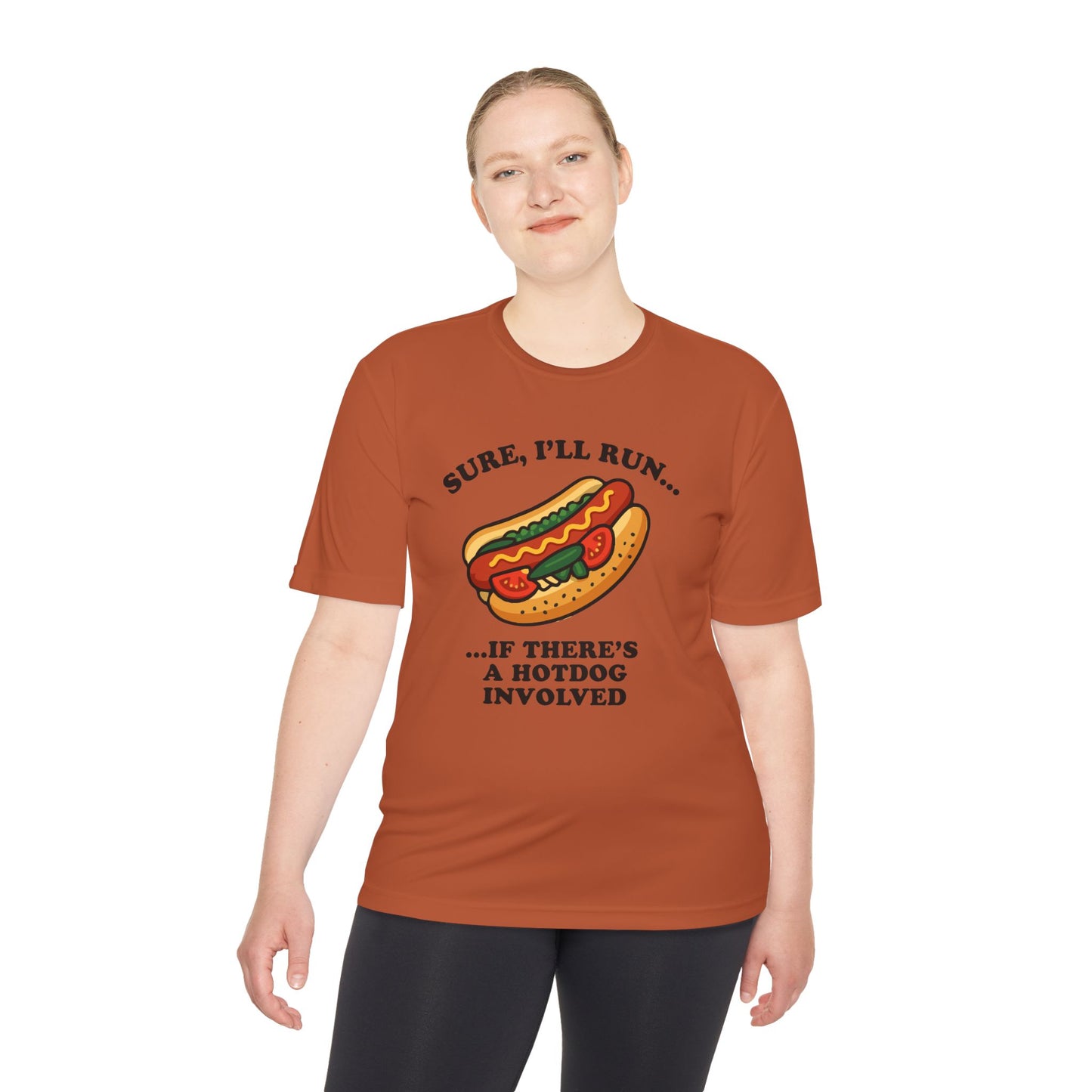 Funny Chicago Hot Dog Running Unisex Tee, Moisture Wicking Shirt, Marathon Training Shirt, Athletic Workout Top, Funny Foodie Shirt, Chicago