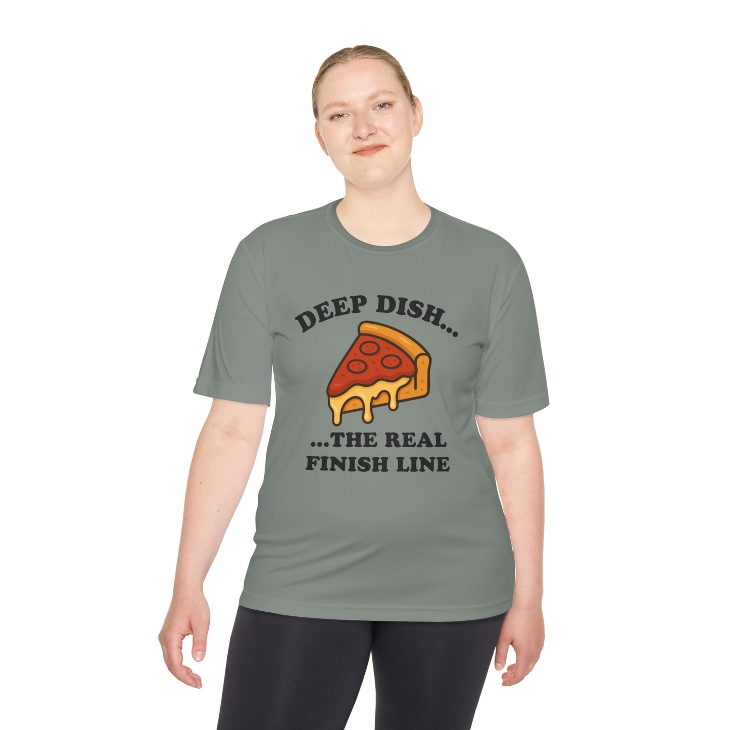 Funny Chicago Deep Dish Pizza Running Unisex Moisture Wicking Tee - Humorous Food Lover Shirt, Workout T-Shirt, Lightweight Athletic Top,