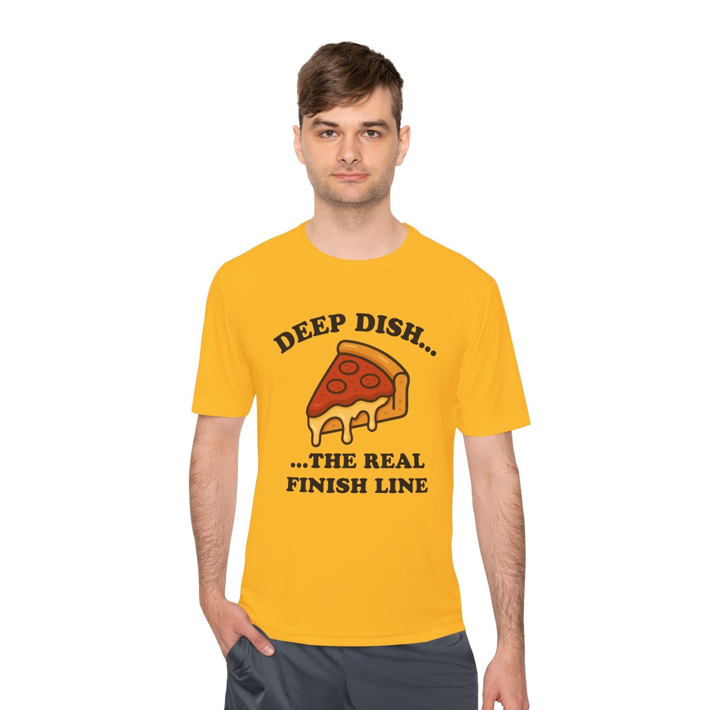 Funny Chicago Deep Dish Pizza Running Unisex Moisture Wicking Tee - Humorous Food Lover Shirt, Workout T-Shirt, Lightweight Athletic Top,