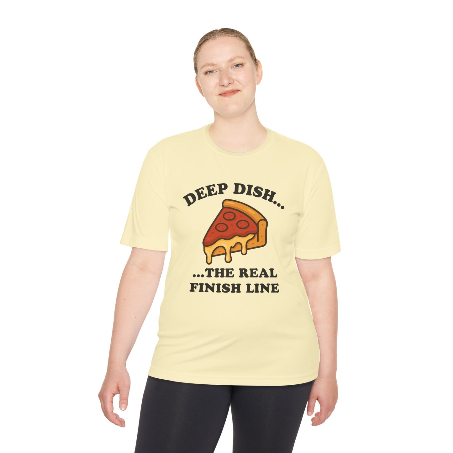 Funny Chicago Deep Dish Pizza Running Unisex Moisture Wicking Tee - Humorous Food Lover Shirt, Workout T-Shirt, Lightweight Athletic Top,