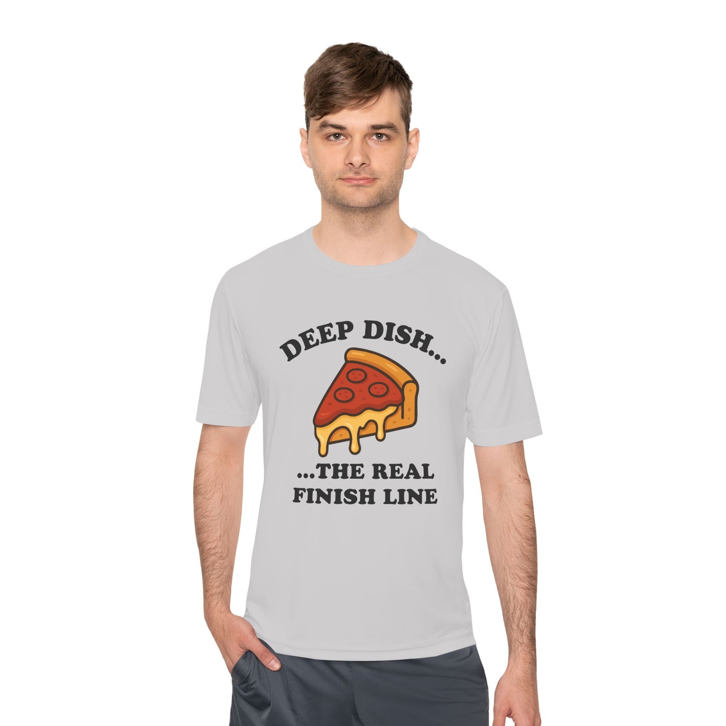 Funny Chicago Deep Dish Pizza Running Unisex Moisture Wicking Tee - Humorous Food Lover Shirt, Workout T-Shirt, Lightweight Athletic Top,