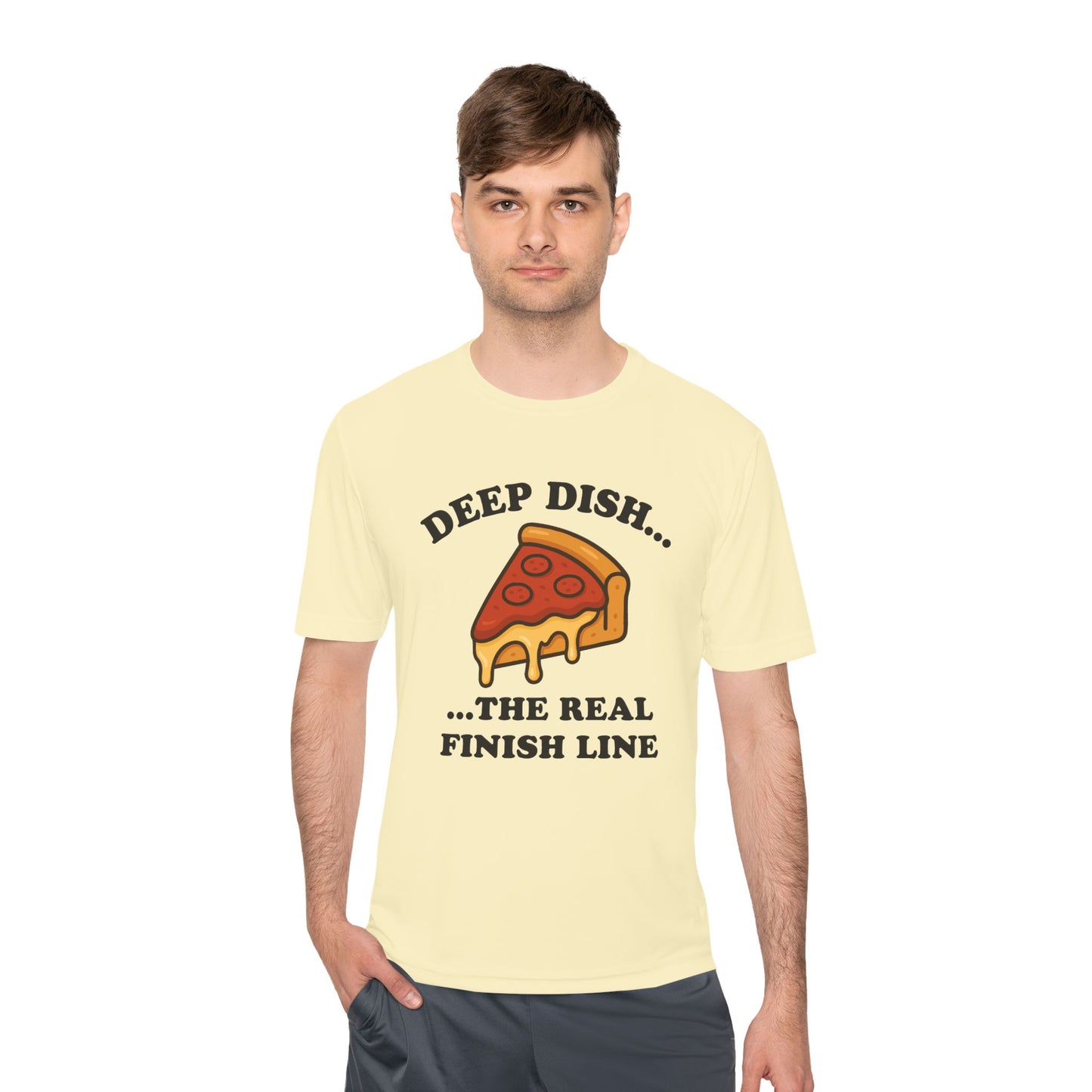 Funny Chicago Deep Dish Pizza Running Unisex Moisture Wicking Tee - Humorous Food Lover Shirt, Workout T-Shirt, Lightweight Athletic Top,