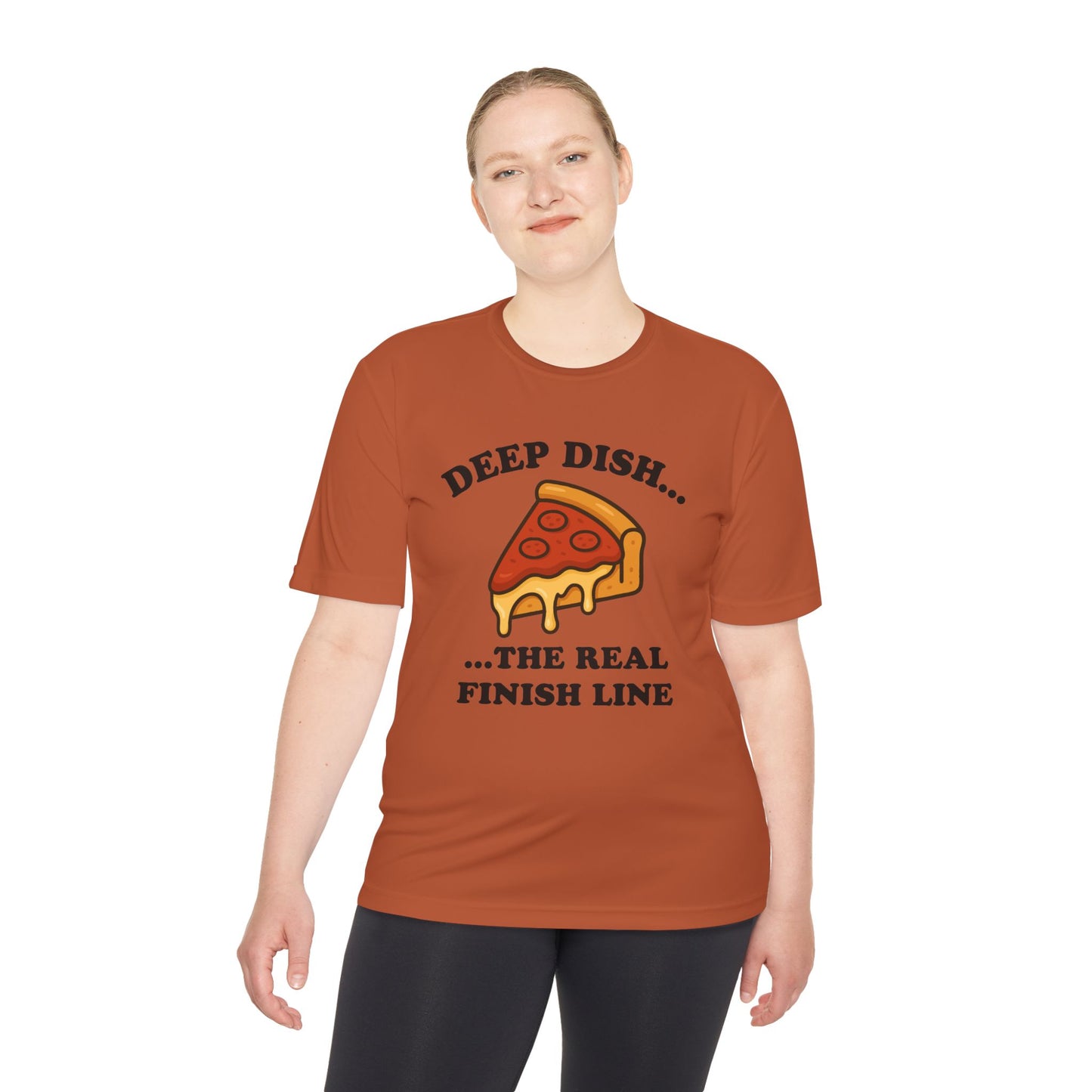 Funny Chicago Deep Dish Pizza Running Unisex Moisture Wicking Tee - Humorous Food Lover Shirt, Workout T-Shirt, Lightweight Athletic Top,