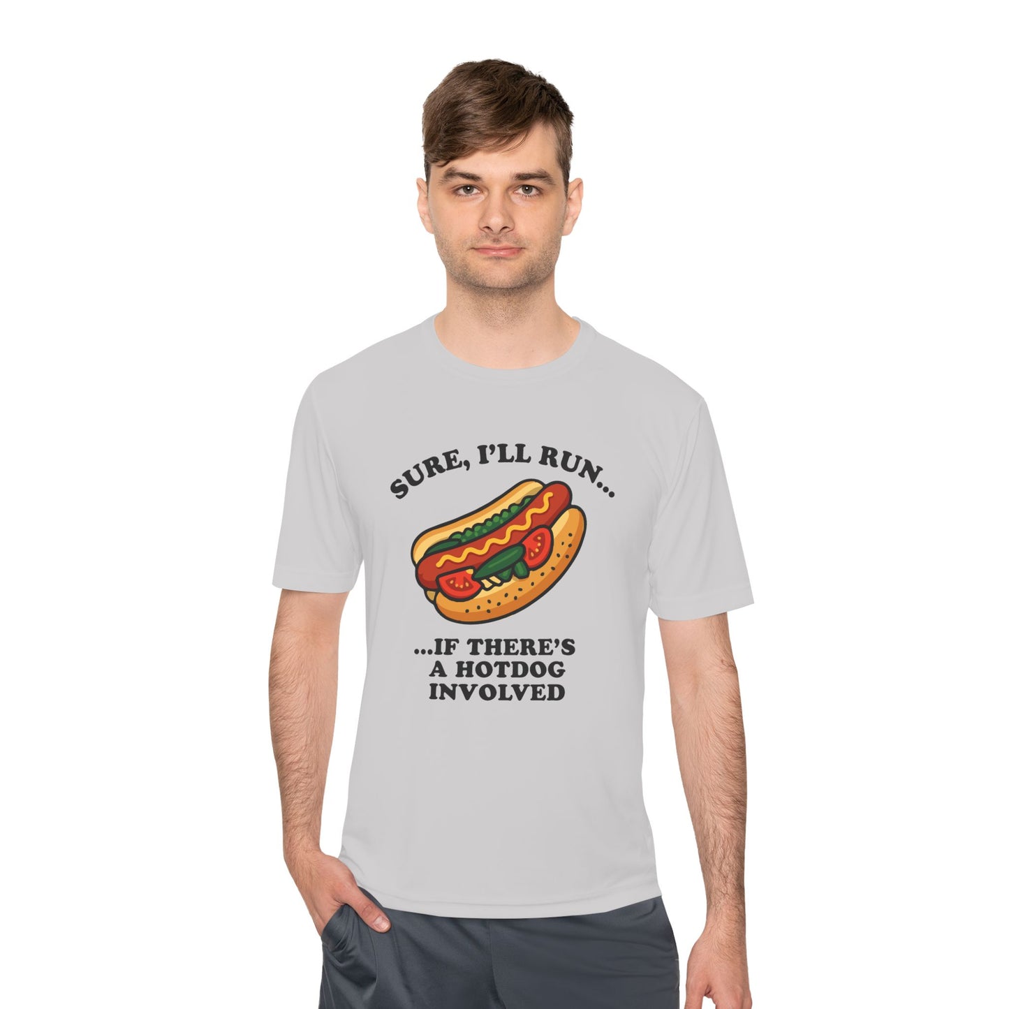 Funny Chicago Hot Dog Running Unisex Tee, Moisture Wicking Shirt, Marathon Training Shirt, Athletic Workout Top, Funny Foodie Shirt, Chicago