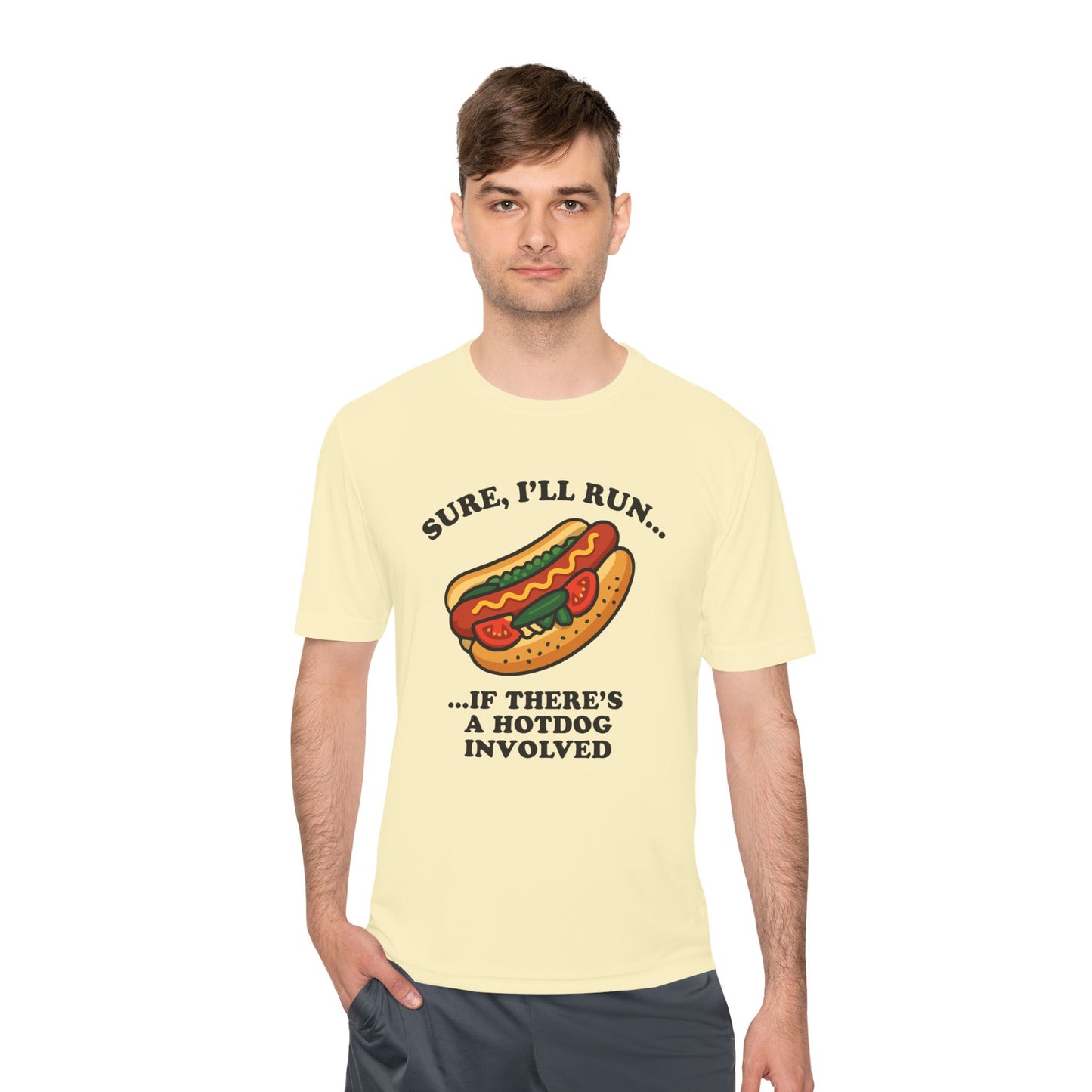 Funny Chicago Hot Dog Running Unisex Tee, Moisture Wicking Shirt, Marathon Training Shirt, Athletic Workout Top, Funny Foodie Shirt, Chicago