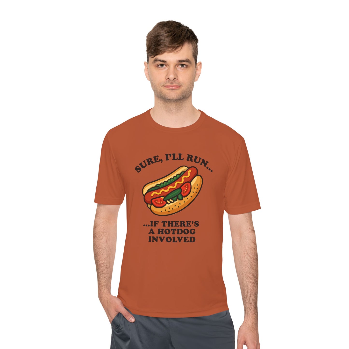 Funny Chicago Hot Dog Running Unisex Tee, Moisture Wicking Shirt, Marathon Training Shirt, Athletic Workout Top, Funny Foodie Shirt, Chicago