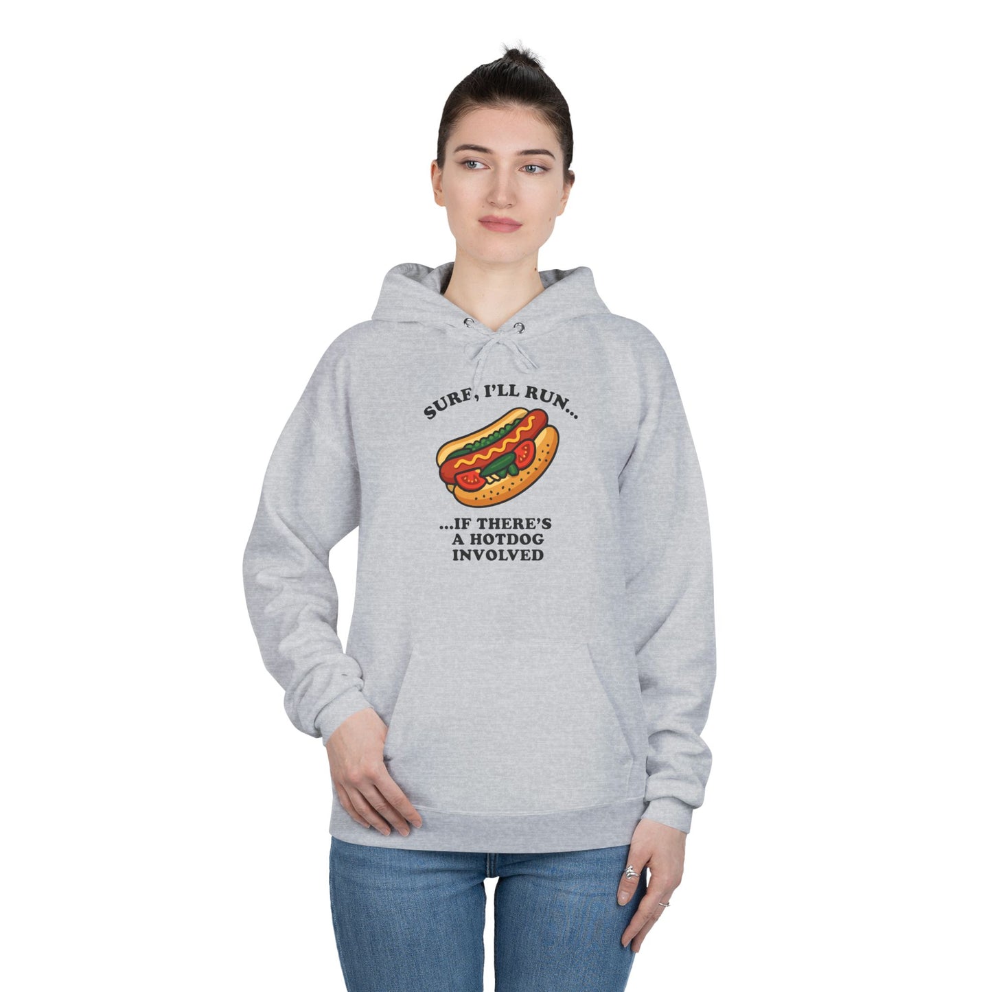 Humorous Hot Dog Hoodie, Unisex EcoSmart Pullover Sweatshirt, Perfect for Food Lovers, Running Events