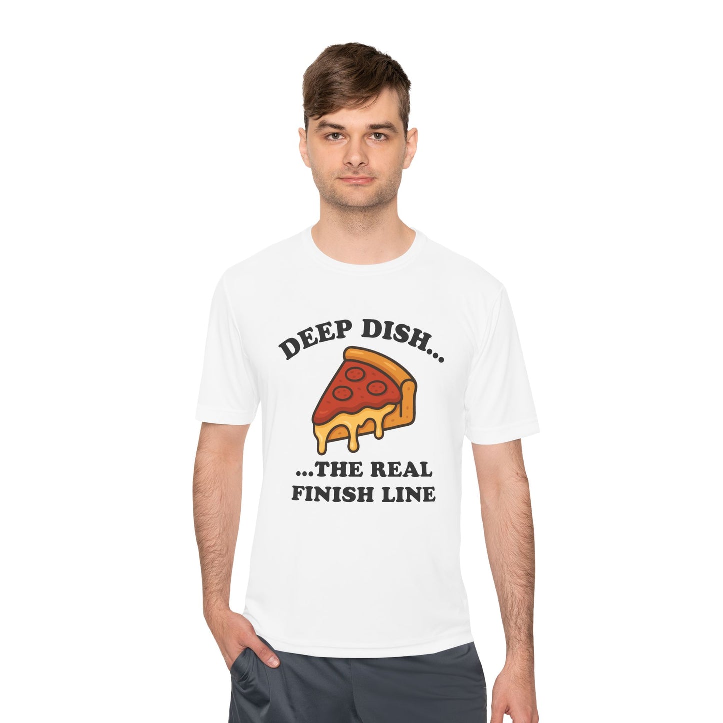 Funny Chicago Deep Dish Pizza Running Unisex Moisture Wicking Tee - Humorous Food Lover Shirt, Workout T-Shirt, Lightweight Athletic Top,