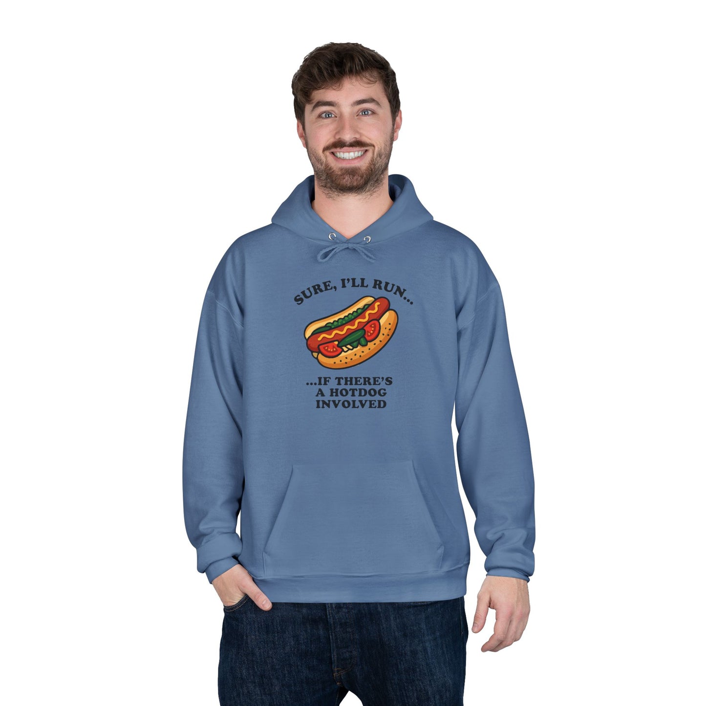 Humorous Hot Dog Hoodie, Unisex EcoSmart Pullover Sweatshirt, Perfect for Food Lovers, Running Events