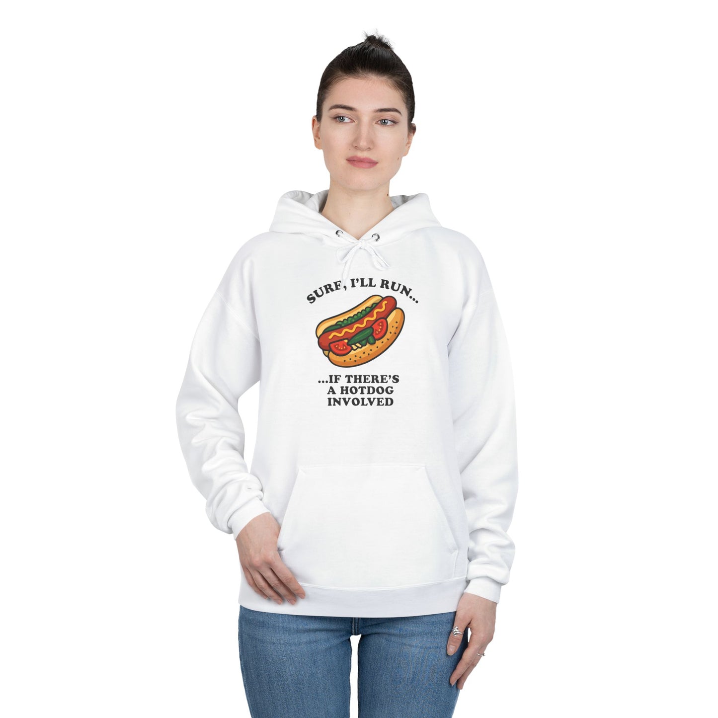 Humorous Hot Dog Hoodie, Unisex EcoSmart Pullover Sweatshirt, Perfect for Food Lovers, Running Events