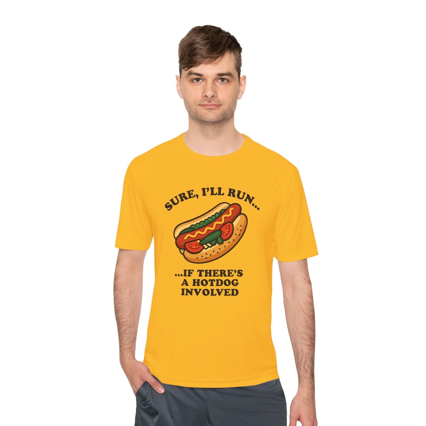 Funny Chicago Hot Dog Running Unisex Tee, Moisture Wicking Shirt, Marathon Training Shirt, Athletic Workout Top, Funny Foodie Shirt, Chicago