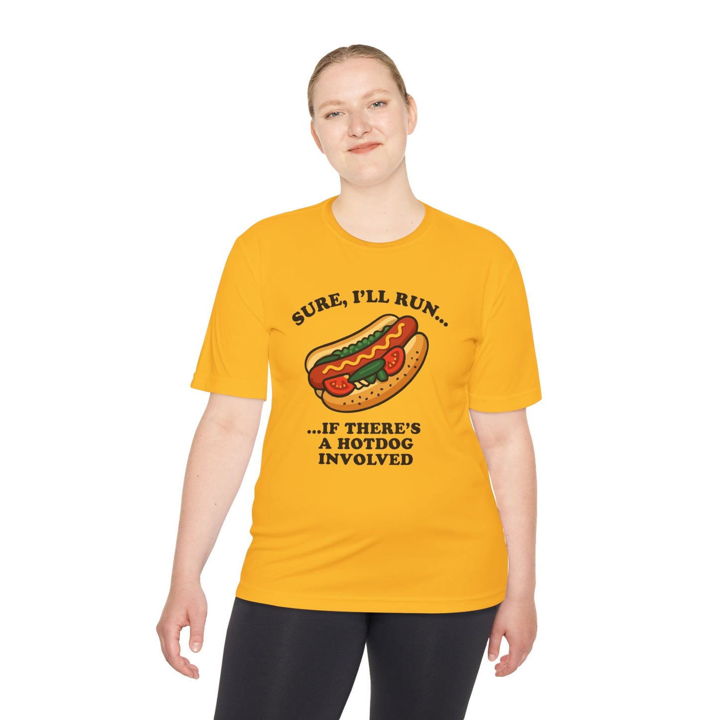 Funny Chicago Hot Dog Running Unisex Tee, Moisture Wicking Shirt, Marathon Training Shirt, Athletic Workout Top, Funny Foodie Shirt, Chicago