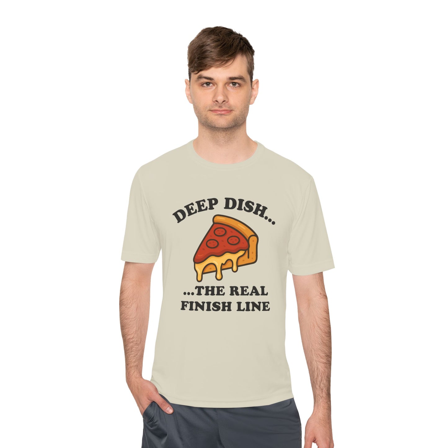 Funny Chicago Deep Dish Pizza Running Unisex Moisture Wicking Tee - Humorous Food Lover Shirt, Workout T-Shirt, Lightweight Athletic Top,