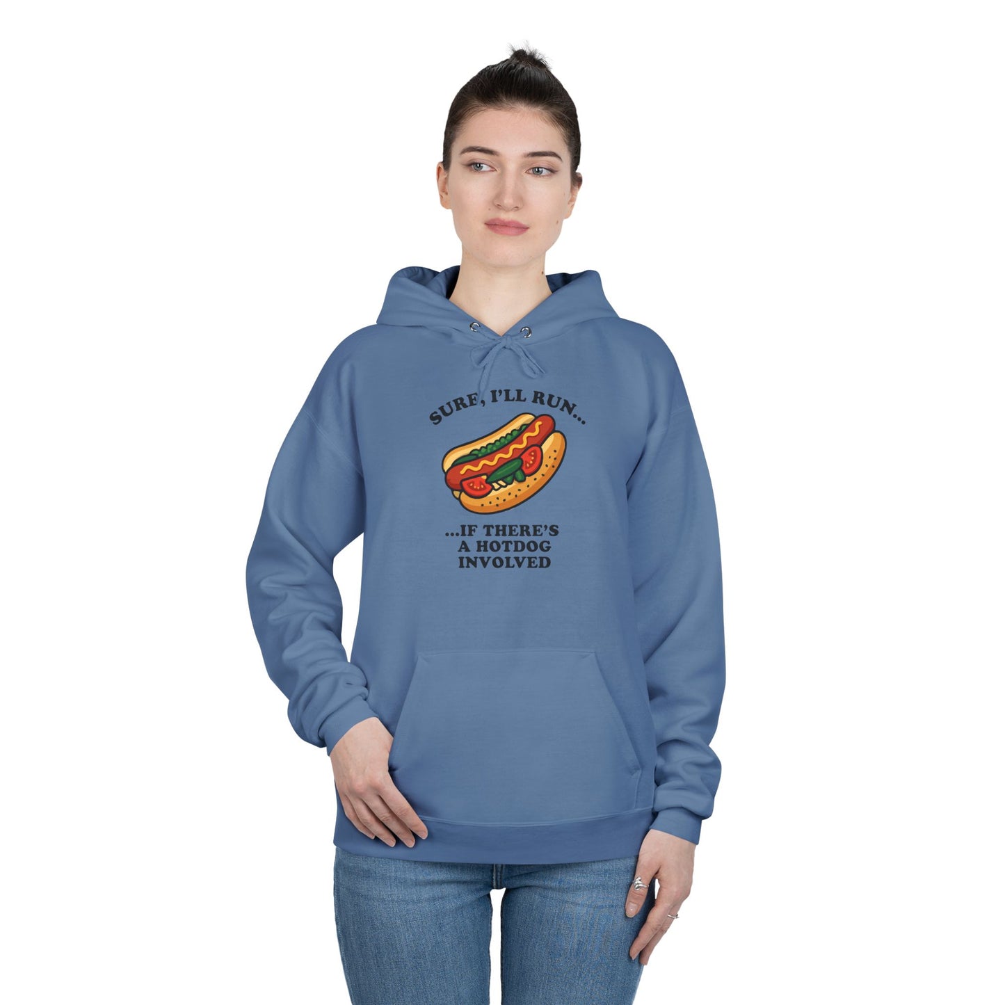 Humorous Hot Dog Hoodie, Unisex EcoSmart Pullover Sweatshirt, Perfect for Food Lovers, Running Events