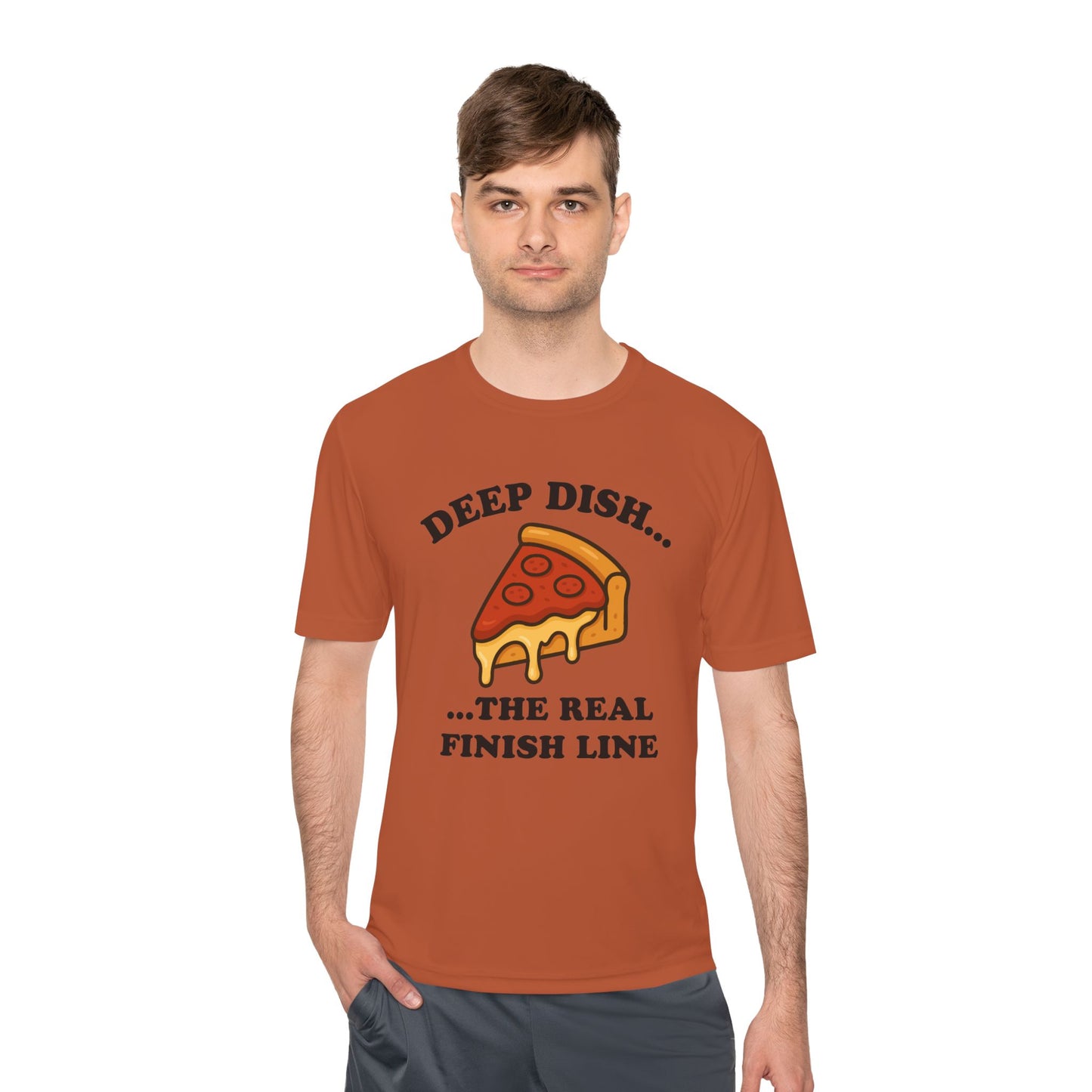 Funny Chicago Deep Dish Pizza Running Unisex Moisture Wicking Tee - Humorous Food Lover Shirt, Workout T-Shirt, Lightweight Athletic Top,