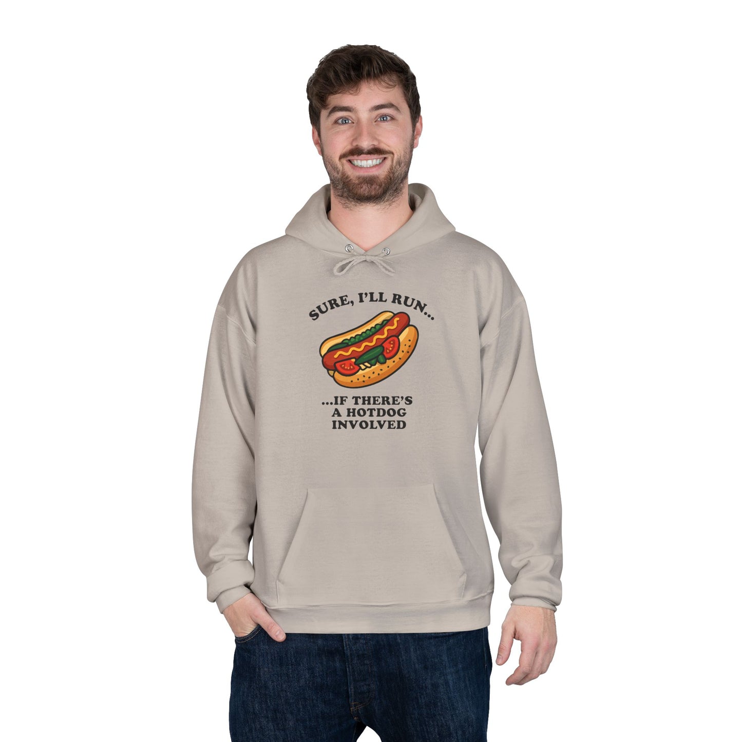 Humorous Hot Dog Hoodie, Unisex EcoSmart Pullover Sweatshirt, Perfect for Food Lovers, Running Events