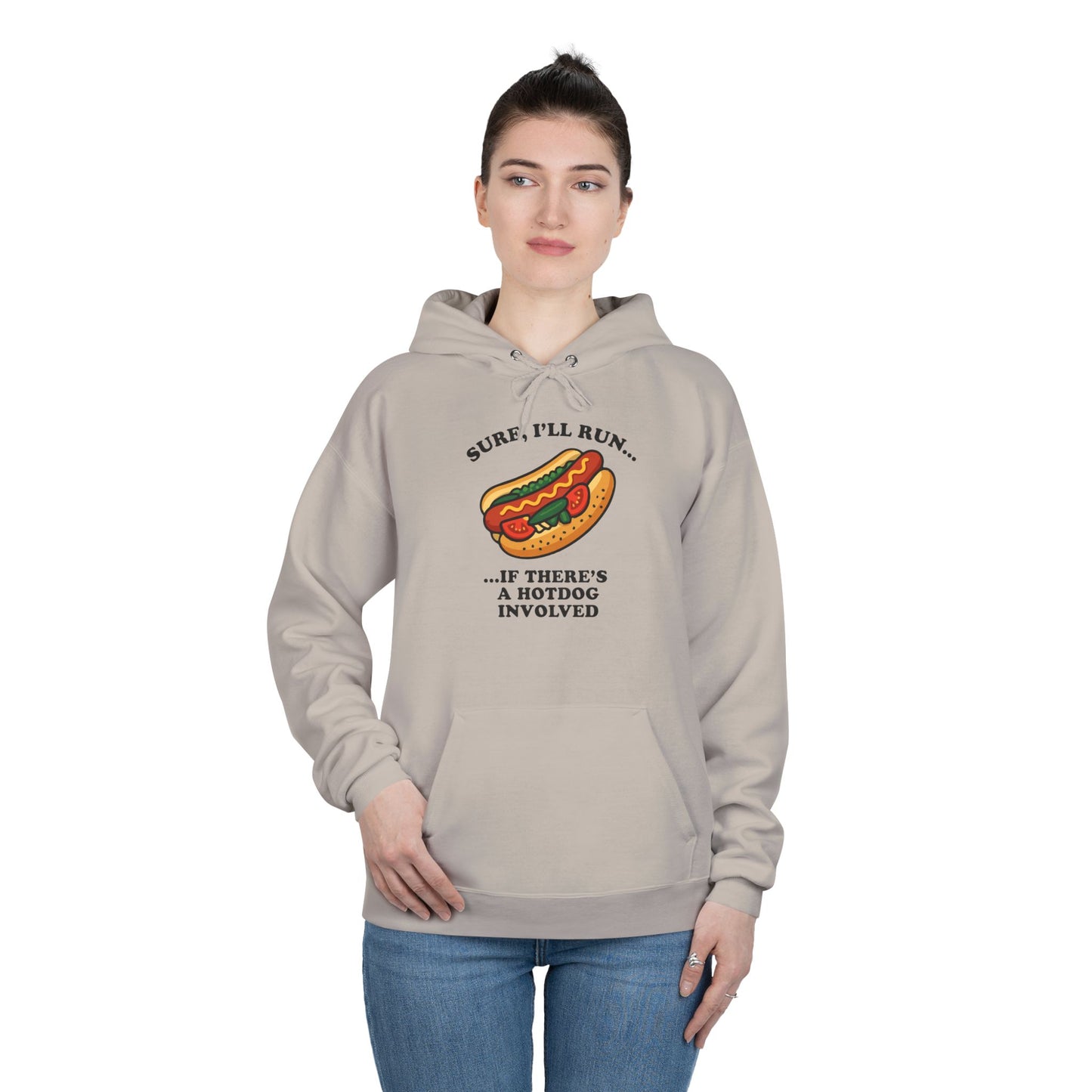 Humorous Hot Dog Hoodie, Unisex EcoSmart Pullover Sweatshirt, Perfect for Food Lovers, Running Events
