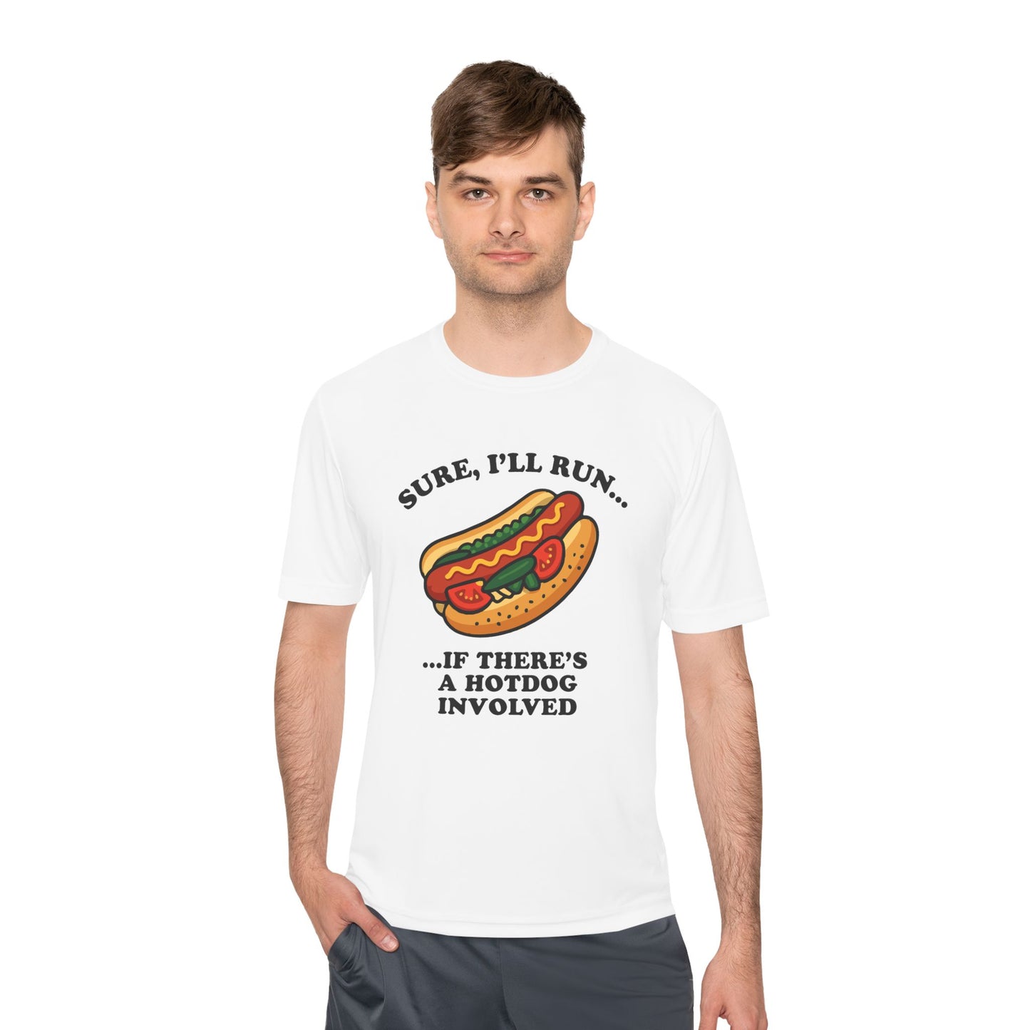 Funny Chicago Hot Dog Running Unisex Tee, Moisture Wicking Shirt, Marathon Training Shirt, Athletic Workout Top, Funny Foodie Shirt, Chicago