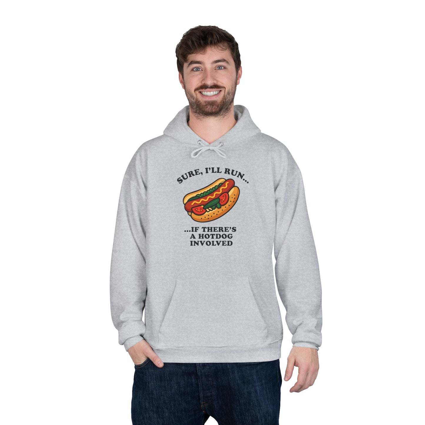 Humorous Hot Dog Hoodie, Unisex EcoSmart Pullover Sweatshirt, Perfect for Food Lovers, Running Events