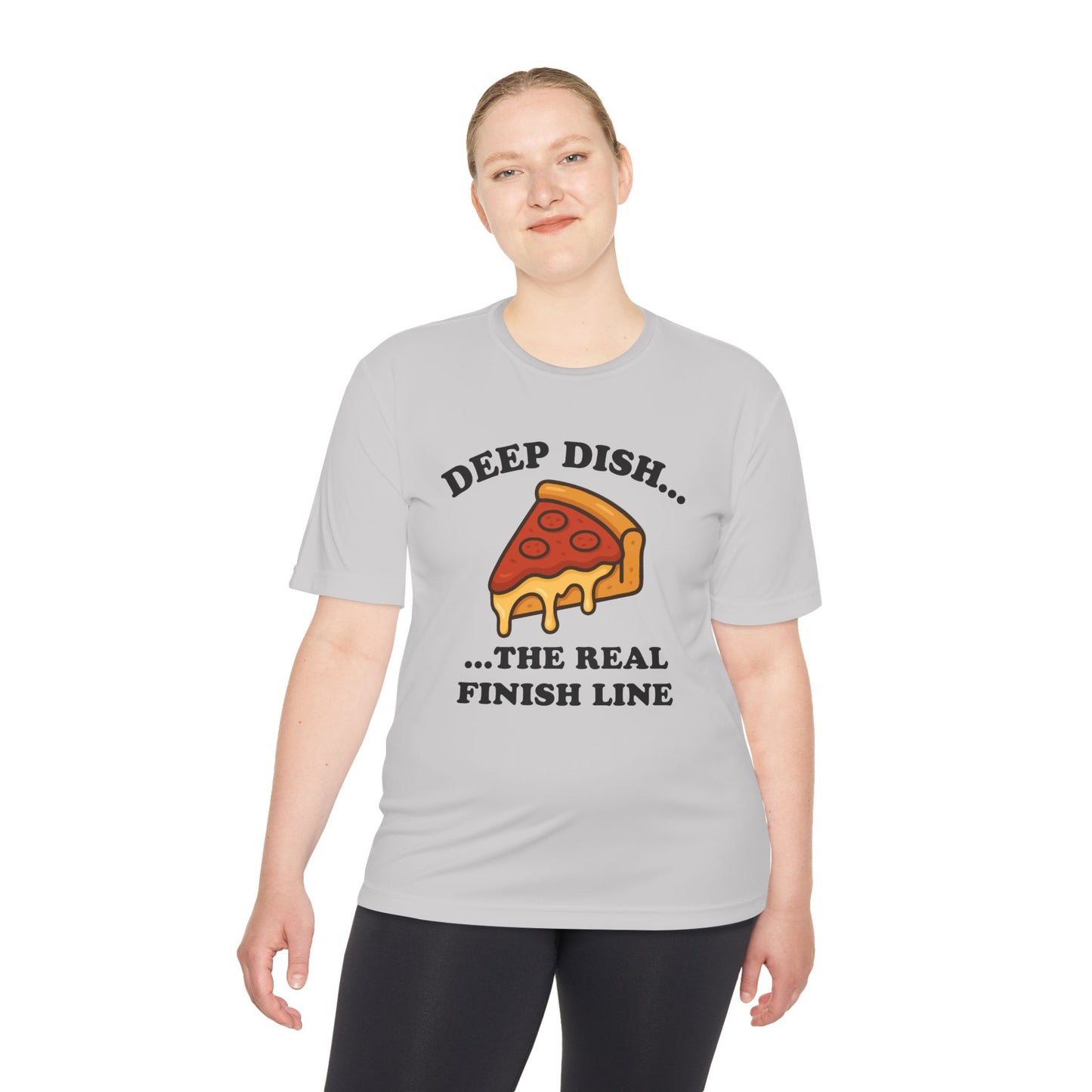 Funny Chicago Deep Dish Pizza Running Unisex Moisture Wicking Tee - Humorous Food Lover Shirt, Workout T-Shirt, Lightweight Athletic Top,