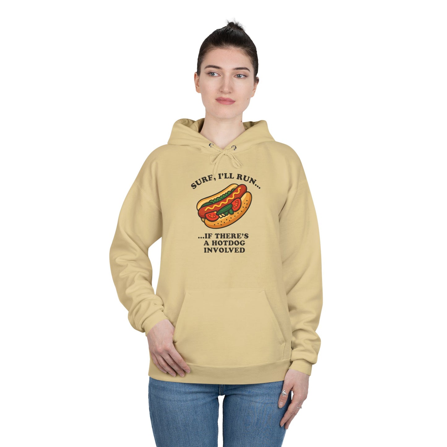 Humorous Hot Dog Hoodie, Unisex EcoSmart Pullover Sweatshirt, Perfect for Food Lovers, Running Events