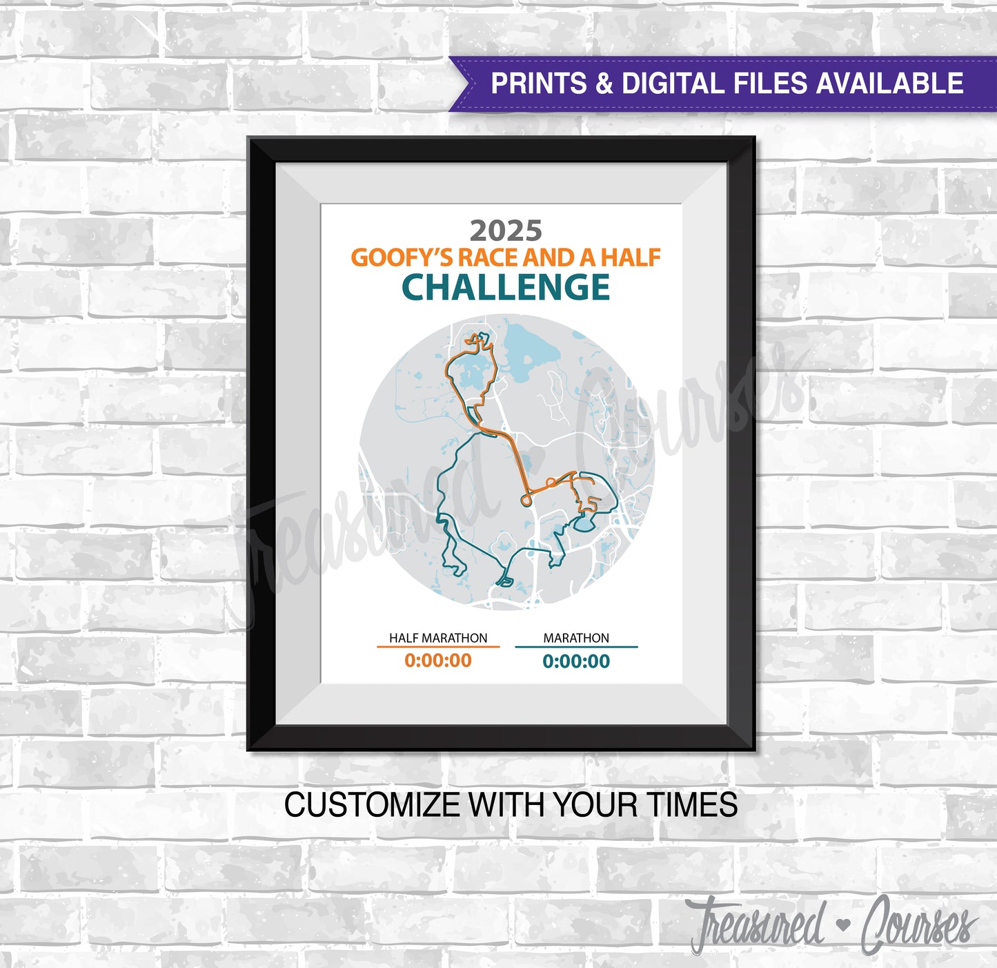 2025 Goofy- Digital File & Print options available, Custom Map, Race Map, GPS Map, Running Map, Race Results