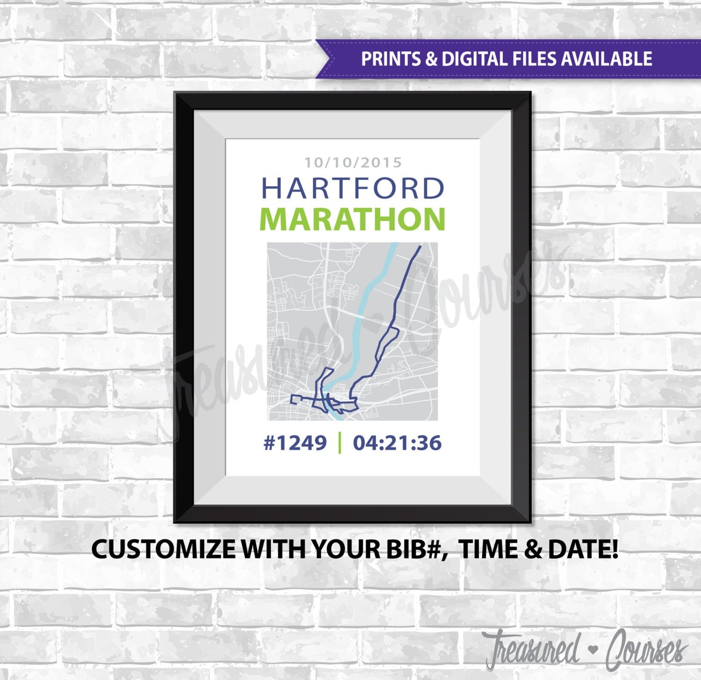 Hartford Marathon - Digital File & Print options available, Custom Map, Race Map, GPS Map, Running Map, Course Route, Race Results