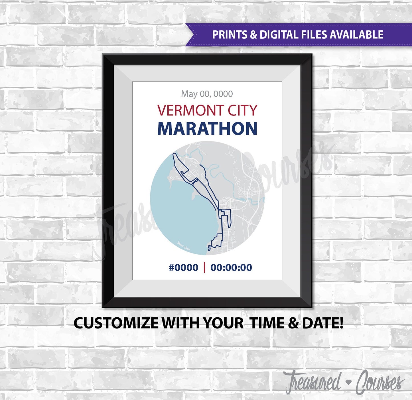 Vermont City Marathon - Digital File & Print options available, Custom Map, Race Map, GPS Map, Running Map, Course Route, Race Results