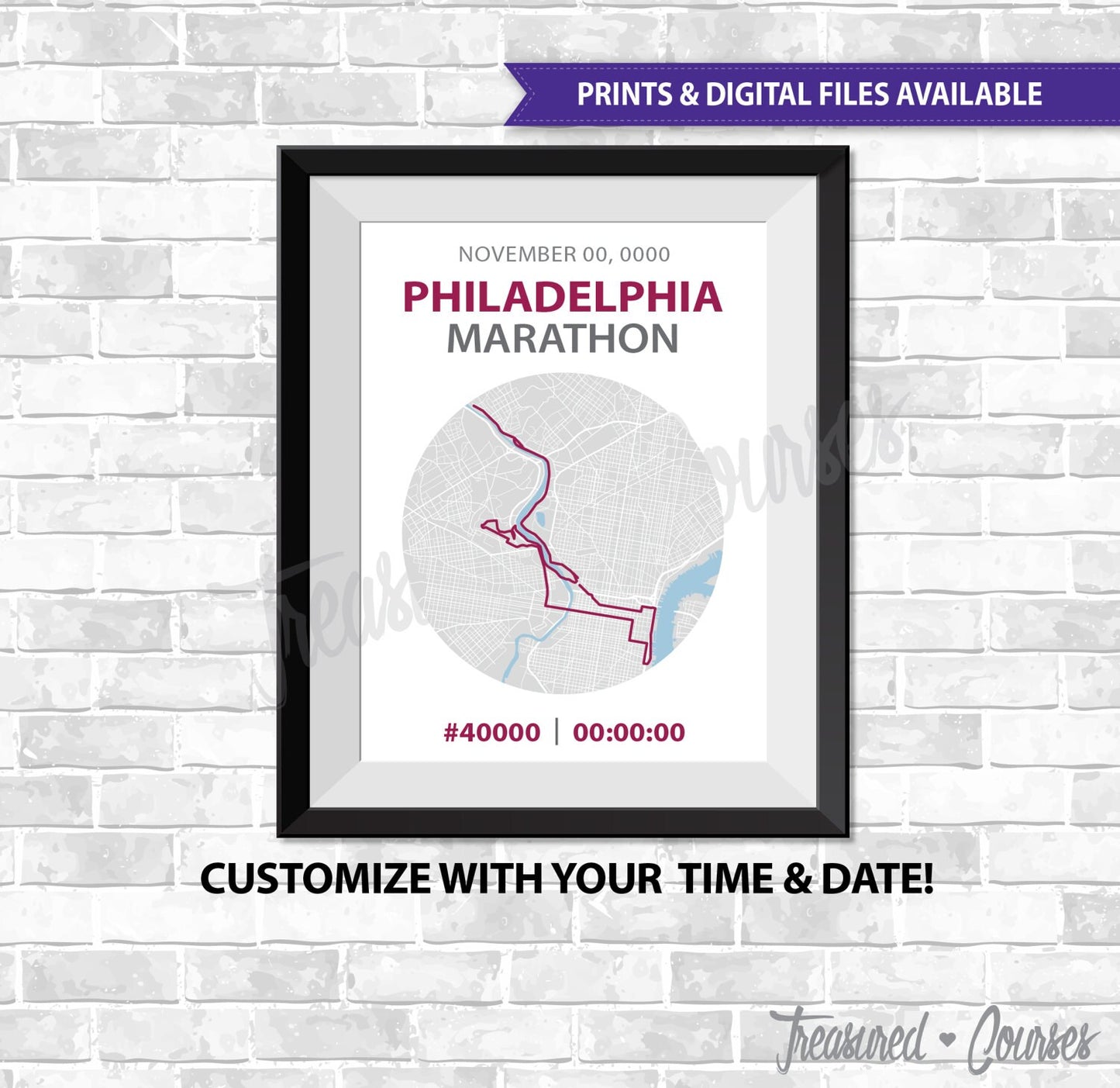 Philadelphia Marathon - Digital File & Print options available, Custom Map, Race Map, GPS Map, Running Map, Course Route, Race Results