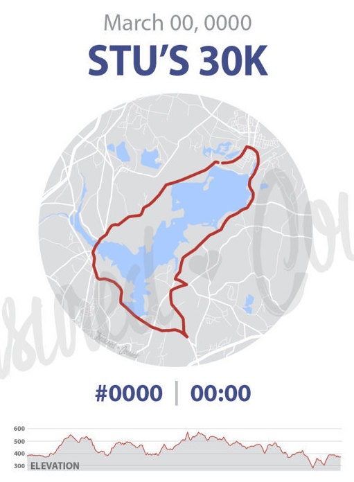 Stu's 30k Map - Digital File & Print options available, Custom Map, Race Map with Results, GPS Map, Running Map, Race Results, Running route