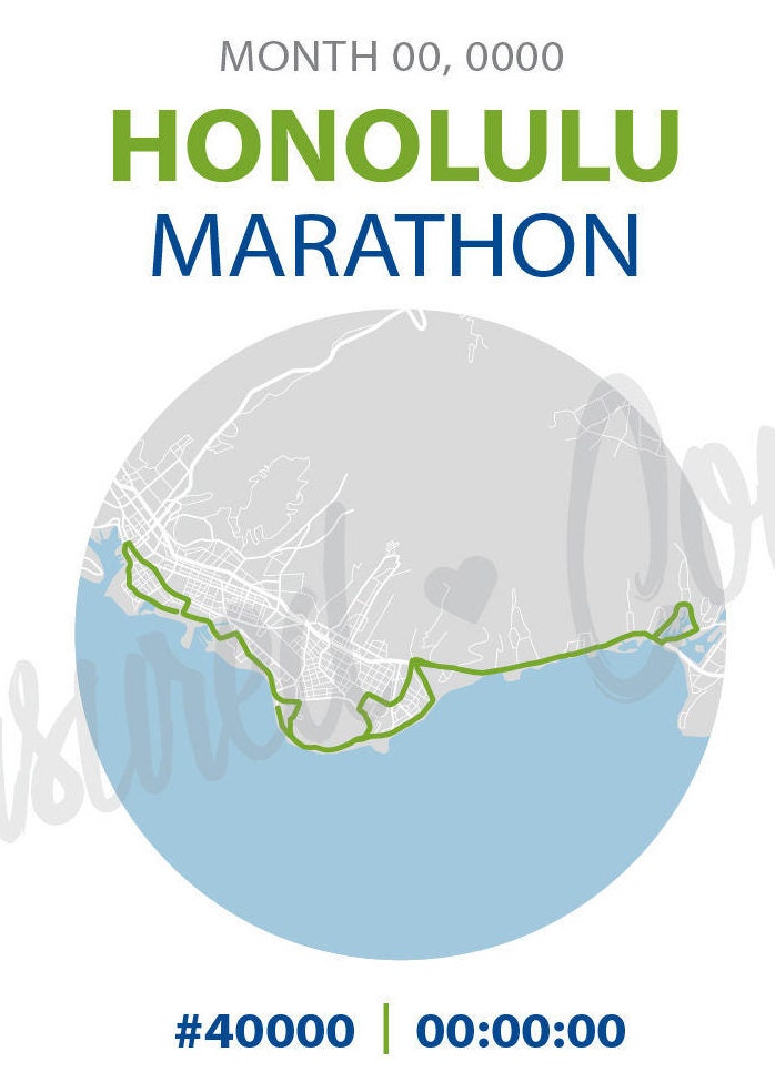 Honolulu Marathon- Digital File & Print options available, Custom Map, Race Map, GPS Map, Running Map, Race Results