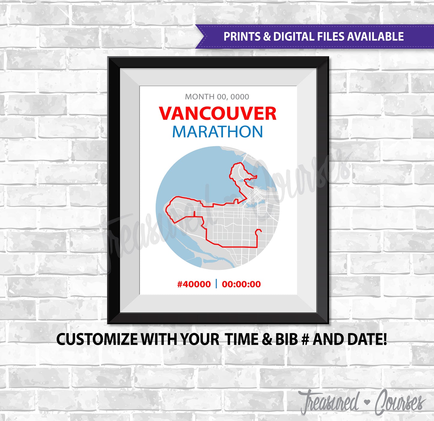 Vancouver Marathon- Digital File & Print options available, Custom Map, Race Map, GPS Map, Running Map, Race Results
