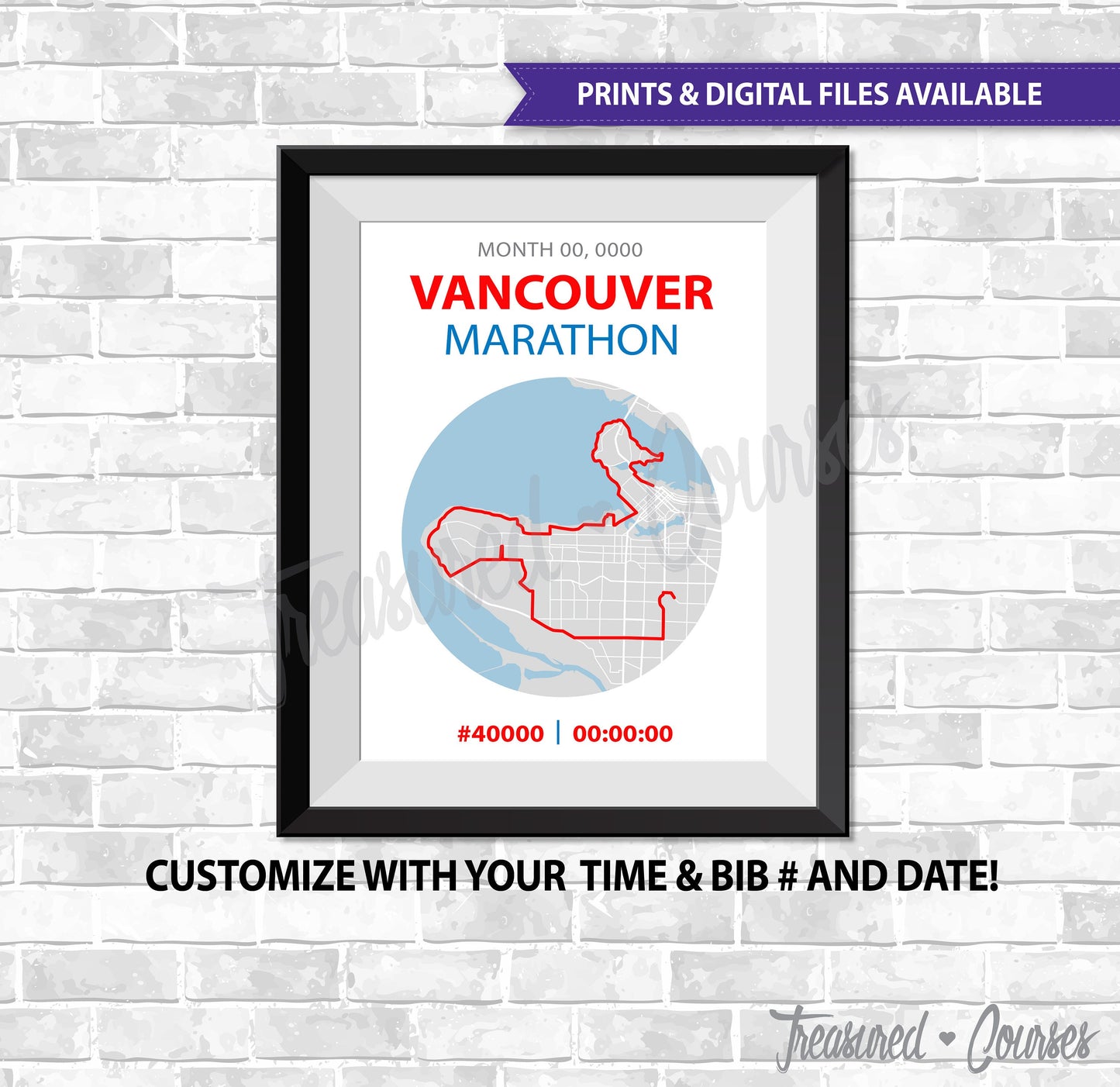 Vancouver Marathon- Digital File & Print options available, Custom Map, Race Map, GPS Map, Running Map, Race Results