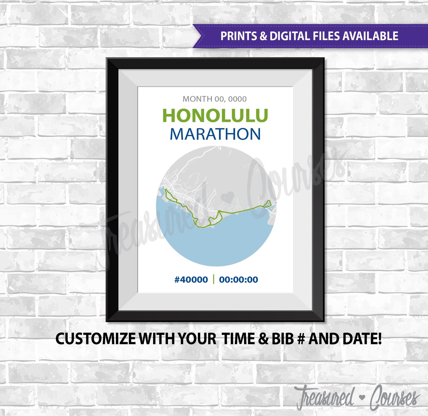 Honolulu Marathon- Digital File & Print options available, Custom Map, Race Map, GPS Map, Running Map, Race Results