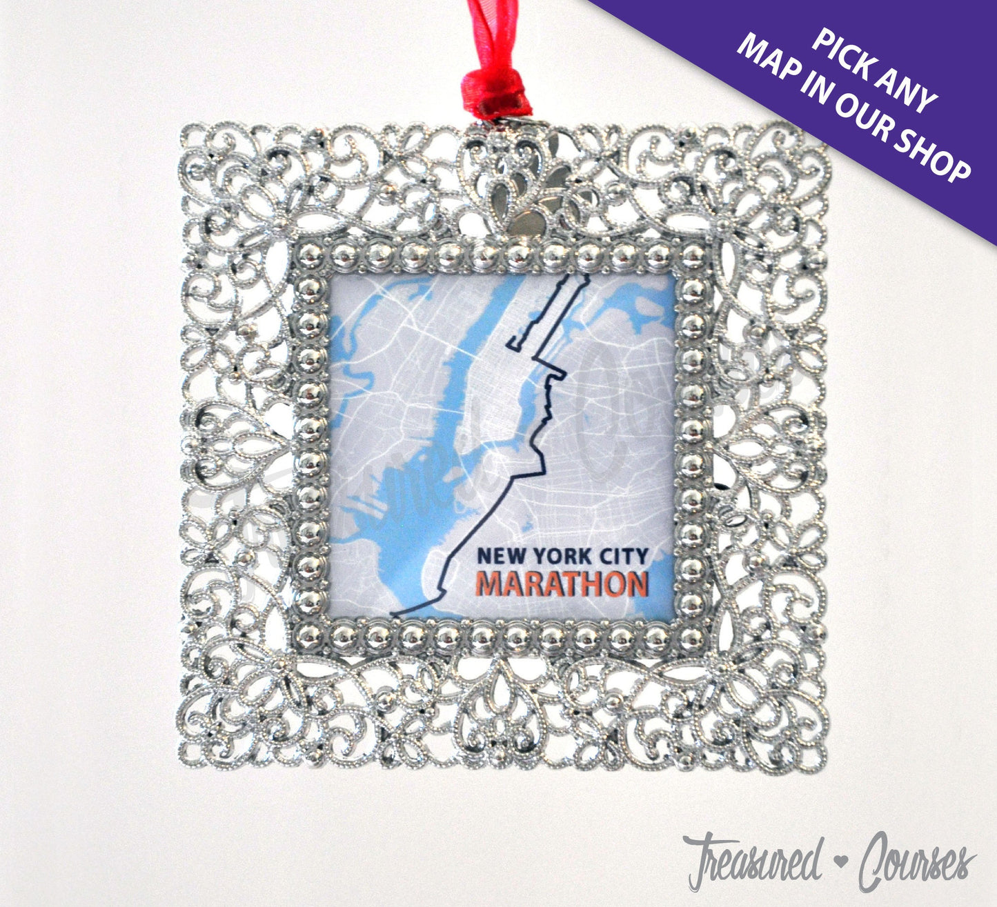 Delicate Silver Square Race Map Ornament, Marathon Ornament, Race Ornament, Half Marathon, Dopey Challenge, Boston, NYC