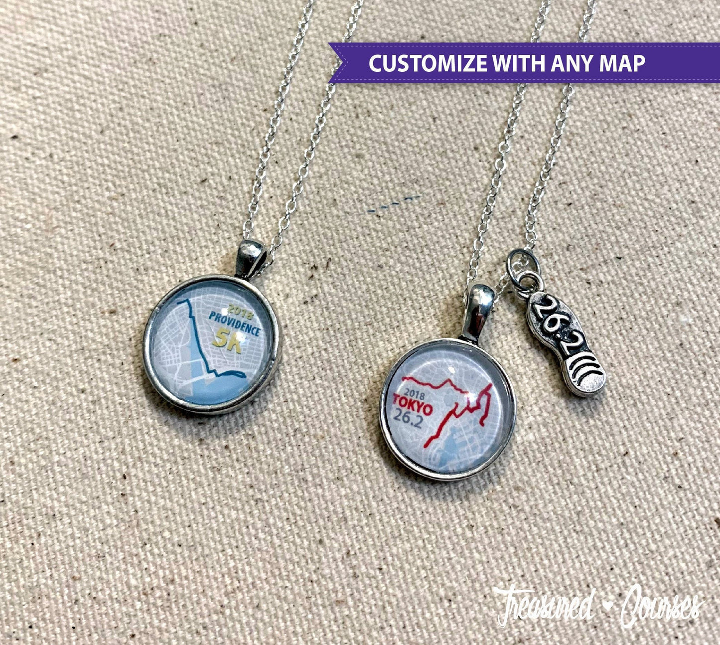 Custom Race Map Charm Necklace, Marathon, 26.2, Half Marathon, Dopey, Boston, NYC, 13.1, race necklace, running gift, running jewelery
