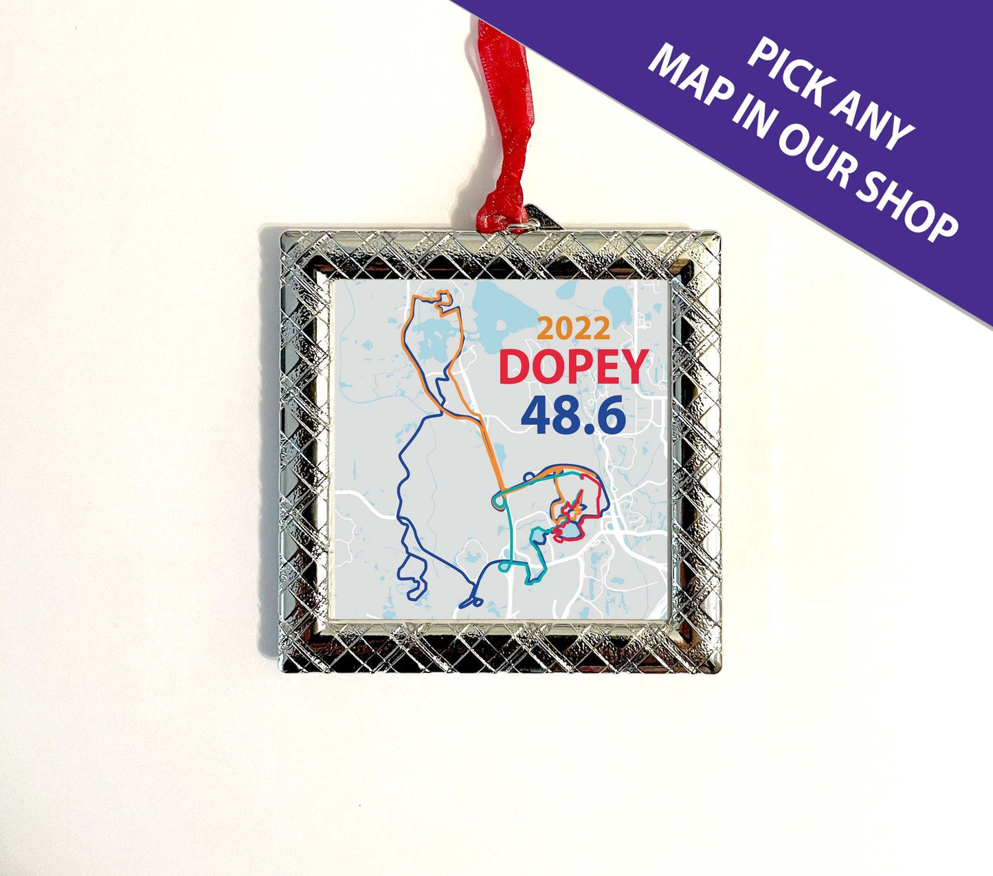Custom Silver Patterned Square Race Map Ornament, Marathon Ornament, Race Ornament, Half Marathon, Dopey, Boston, NYC, Chicago