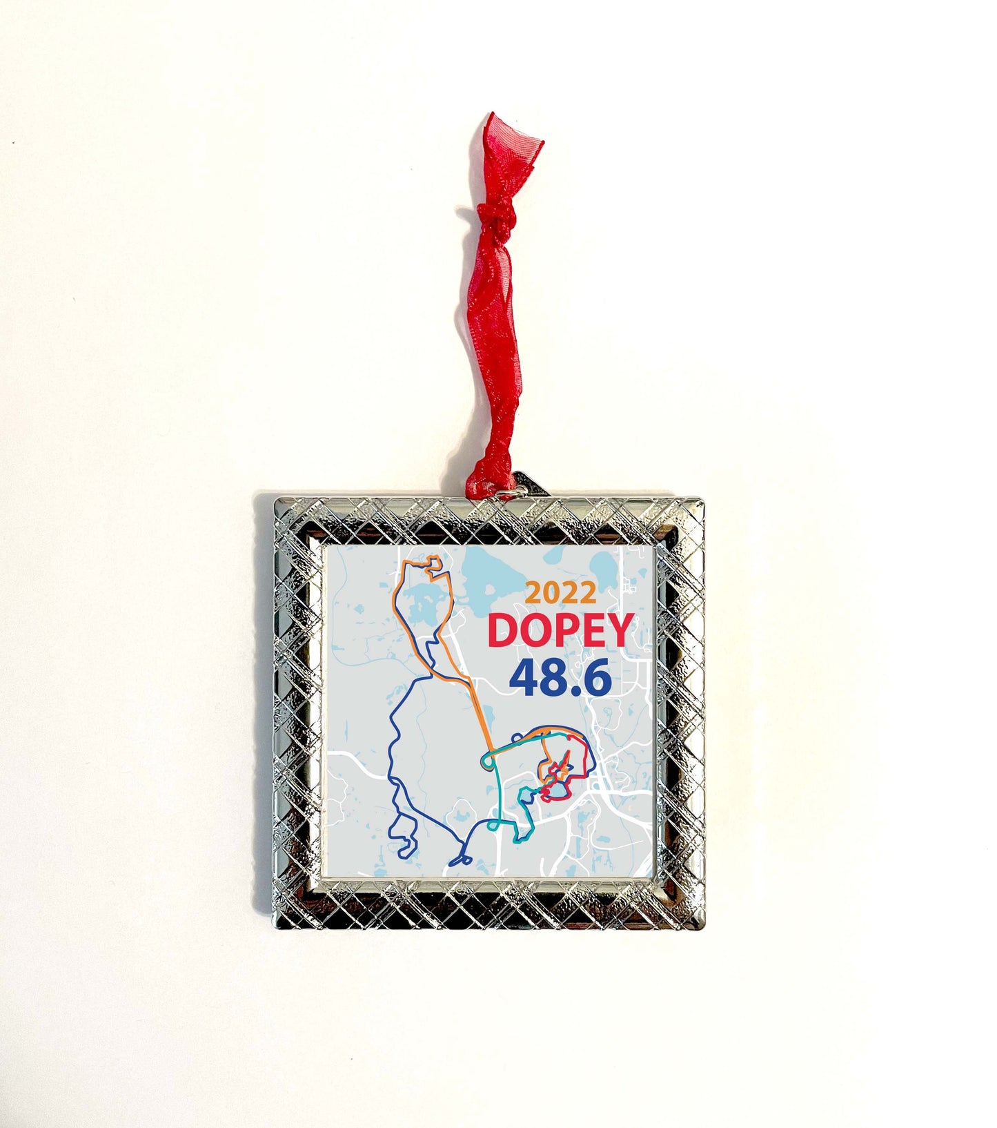 Custom Silver Patterned Square Race Map Ornament, Marathon Ornament, Race Ornament, Half Marathon, Dopey, Boston, NYC, Chicago