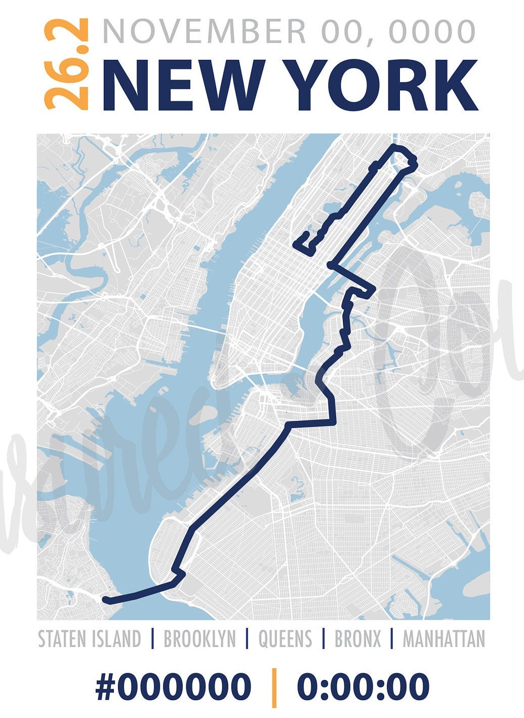 New York 26.2 New Design- Digital File & Print options available, Custom Map, Marathon Map, GPS Map, Running Map, Course Route, Race Results
