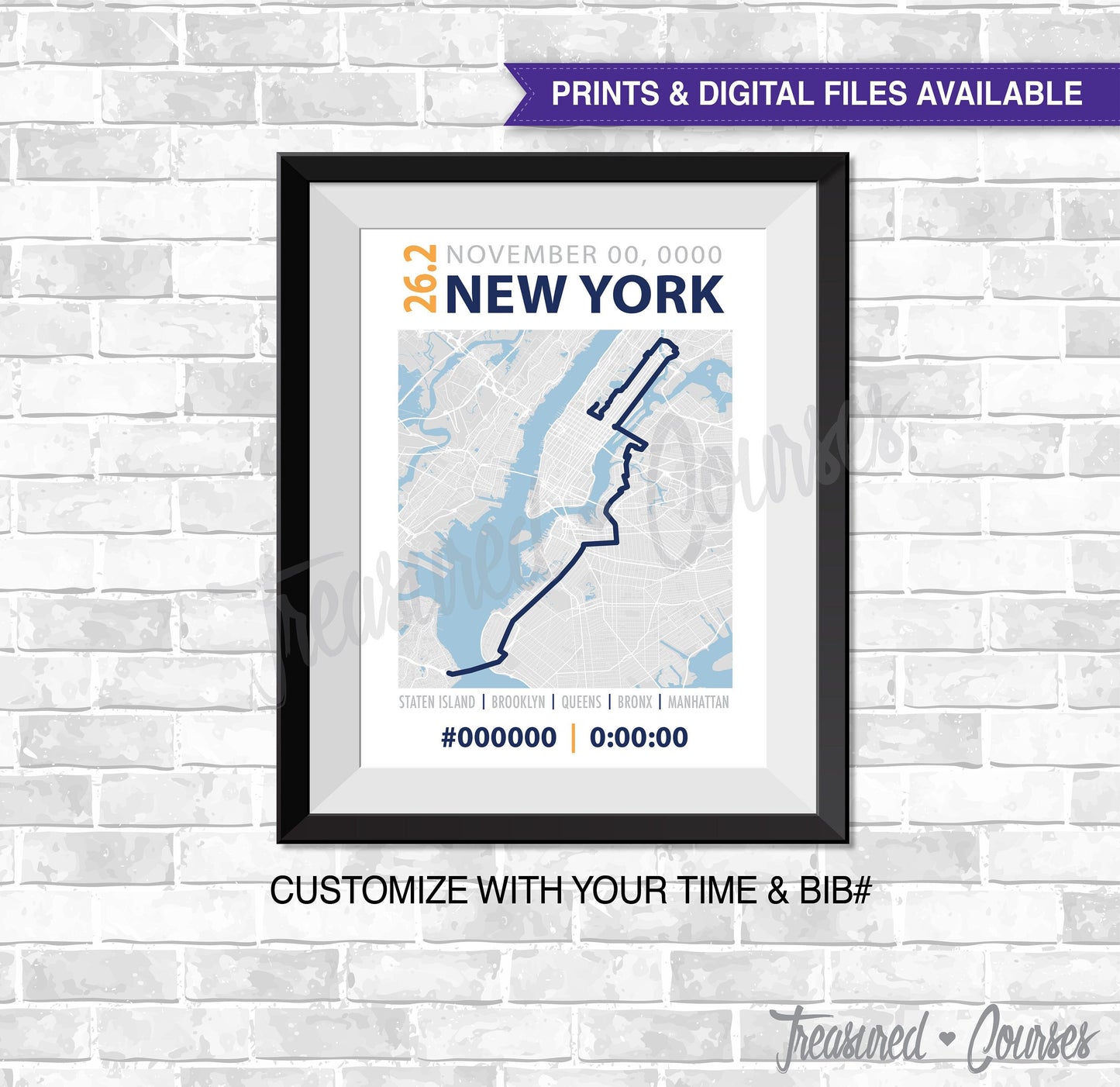 New York 26.2 New Design- Digital File & Print options available, Custom Map, Marathon Map, GPS Map, Running Map, Course Route, Race Results