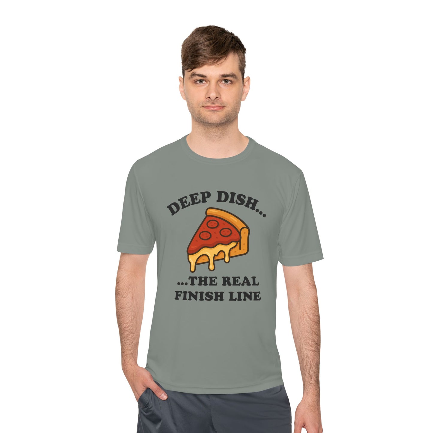 Funny Chicago Deep Dish Pizza Running Unisex Moisture Wicking Tee - Humorous Food Lover Shirt, Workout T-Shirt, Lightweight Athletic Top,