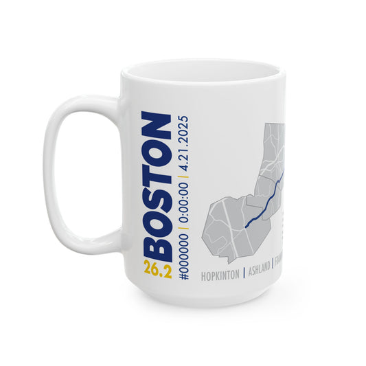 Boston 26.2 Mug, Customize with Date, Bib# and Time Ceramic Mug, 15oz - Perfect Gift for Runners, and Marathon Enthusiasts