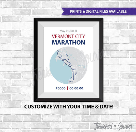 Vermont City Marathon - Digital File & Print options available, Custom Map, Race Map, GPS Map, Running Map, Course Route, Race Results