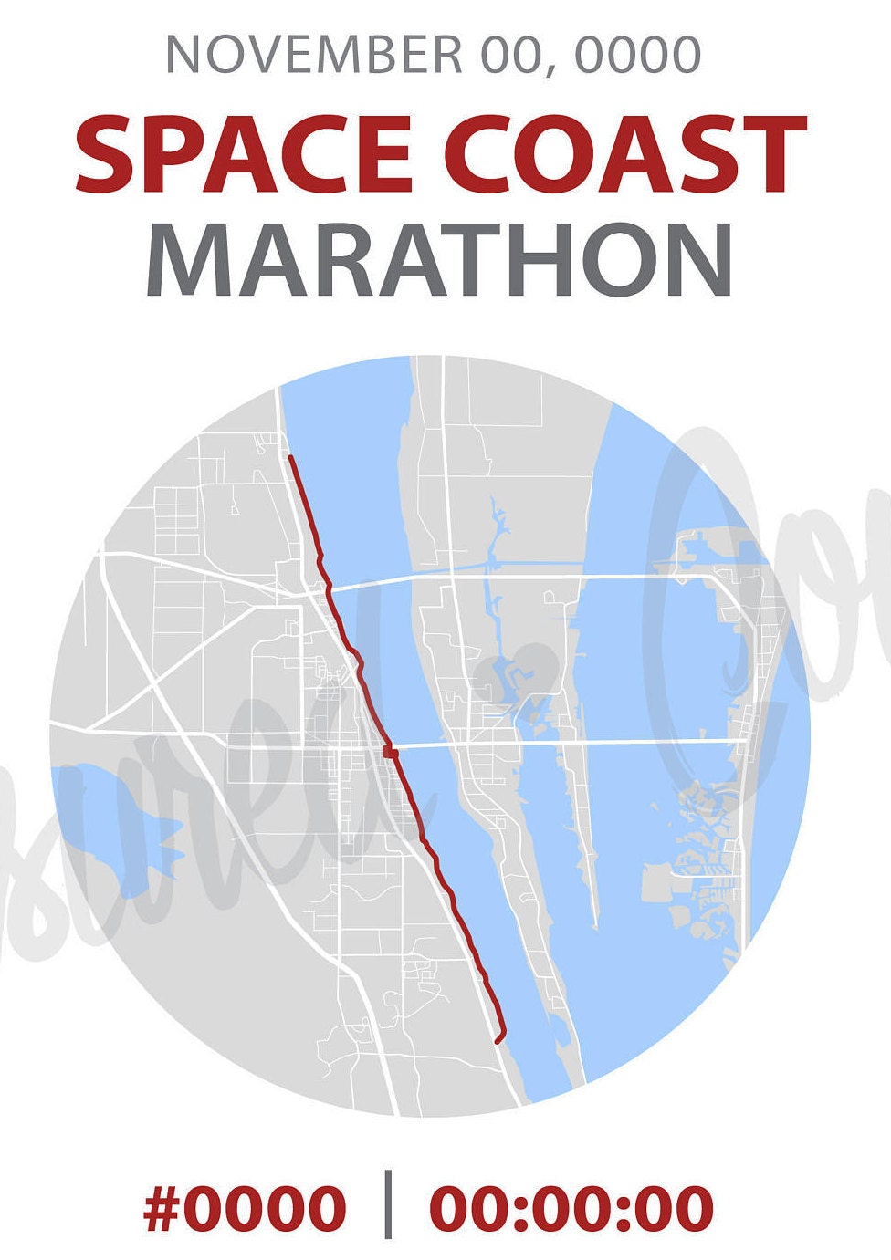 Space Coast Marathon- Digital File & Print options available, Custom Map, Race Map, GPS Map, Running Map, Course Route, Race Results