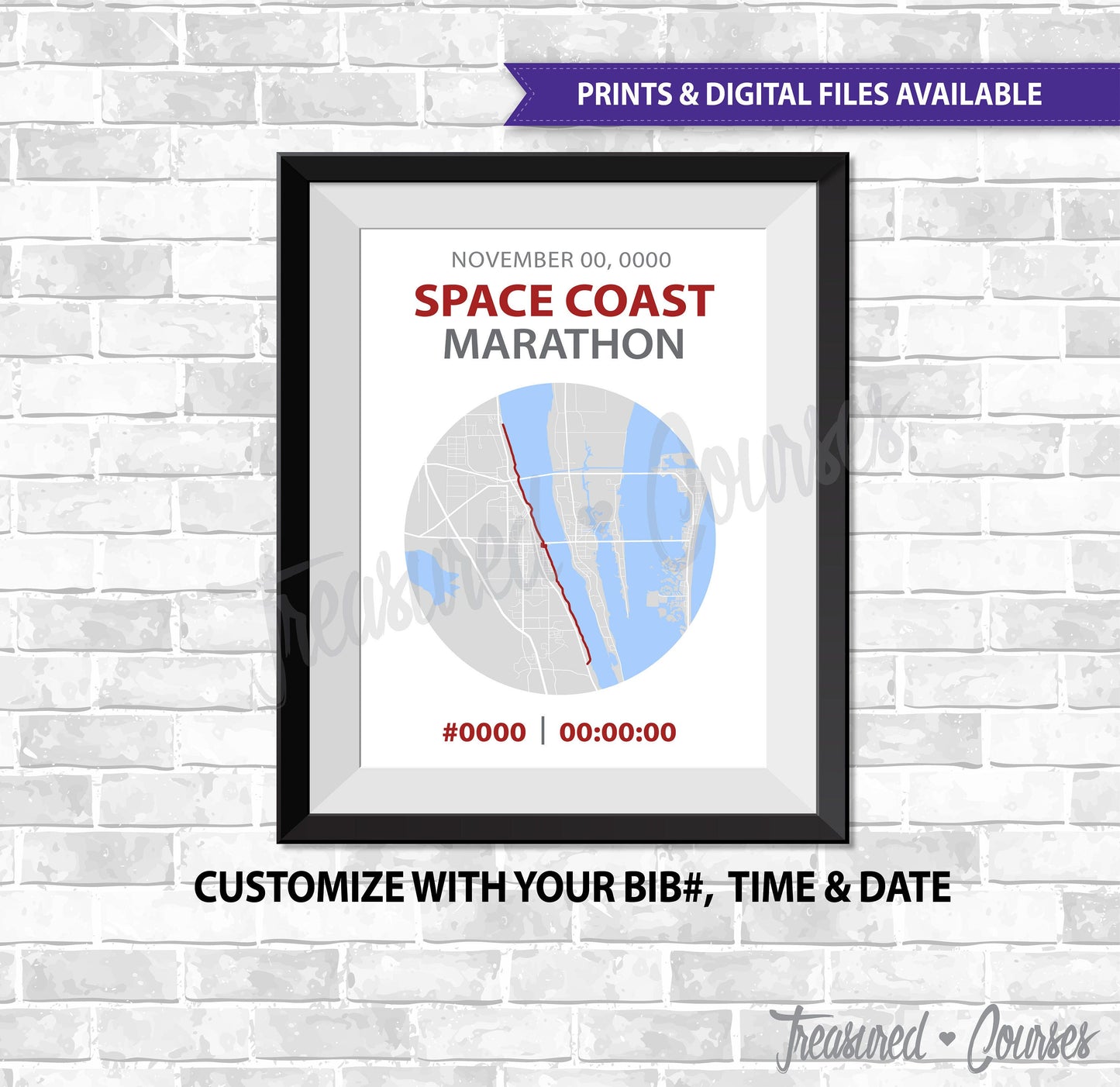 Space Coast Marathon- Digital File & Print options available, Custom Map, Race Map, GPS Map, Running Map, Course Route, Race Results