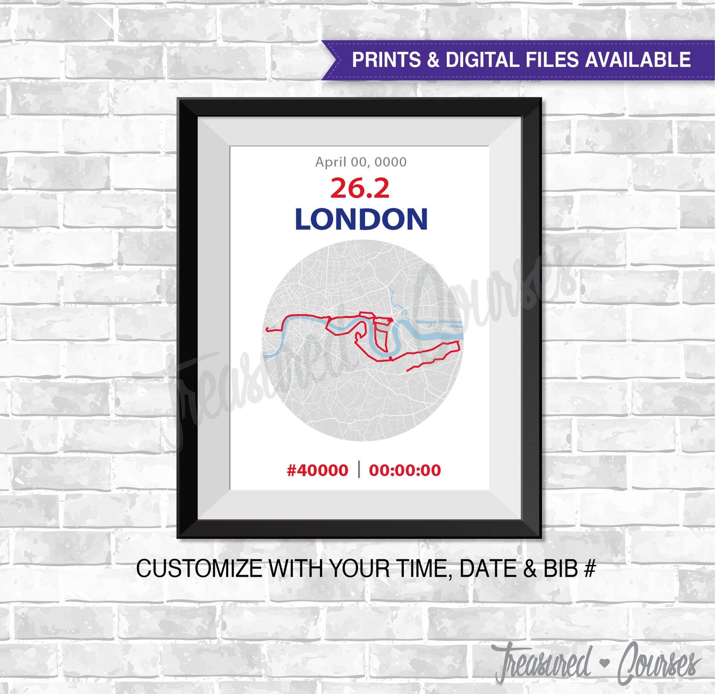 London 26.2 - Digital File & Print options available, Custom, Race Map, GPS Map, Running Map, Course Route, Race Results, marathon